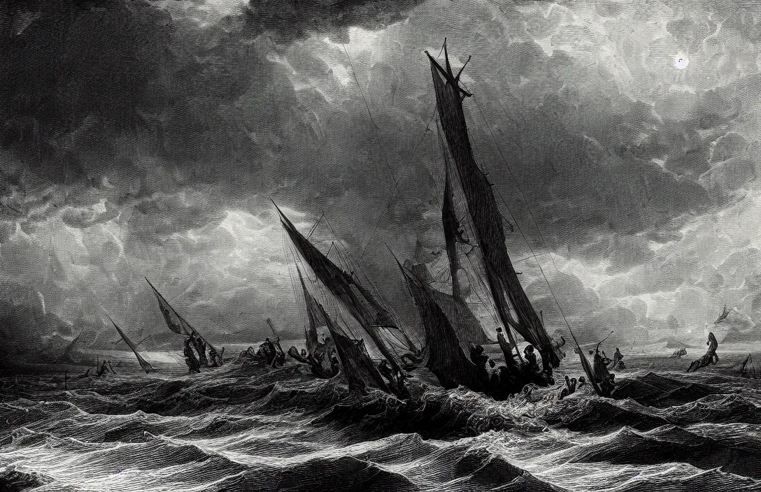 Prompt: ship ever further out to sea gustave dore hd illustration horizontal lines suggest a feeling of rest or repose because objects parallel to the earth are at rest intact flawless ambrotype from 4 k criterion collection remastered cinematography gory horror film, ominous lighting, evil theme wow photo realistic postprocessing jan van der heyden virtuoso painting jan van der heyden