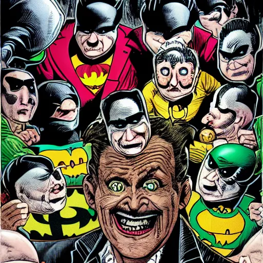 Image similar to drawing of 1 4 tiny jokers crawling out the mouth of gotham city's finest investigative reporter, 4 k art by brian bolland