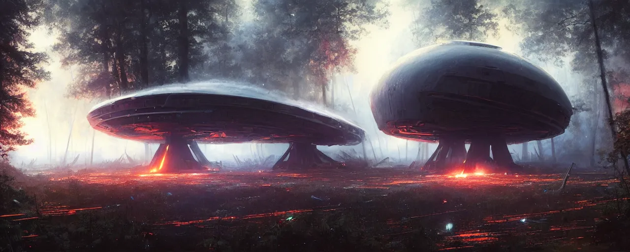 Prompt: a giant megastructure spaceship wrecked and lost in the forest, a small fire in the distance, powerful laser light and large sound system on the left close to the camera, detailed digital art by greg rutkowski.