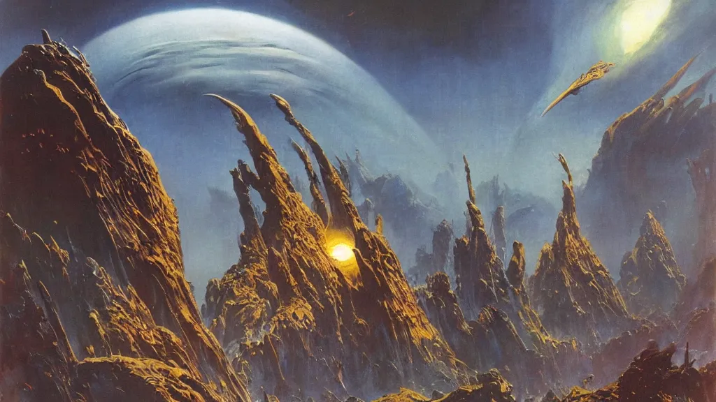 Image similar to surreal eerie alien planet empire by frank frazetta and bruce pennington, cinematic matte painting