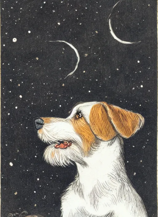 Image similar to candid portrait of jack russel dog sad mouth open, night sky, highly detailed, side view, illustrated by peggy fortnum and beatrix potter and sir john tenniel