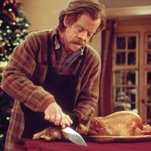 Prompt: William H Macy carving a turkey with a knife during Christmas