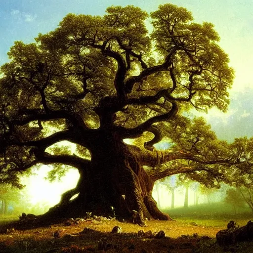 Prompt: a wise old oak by albert bierstadt