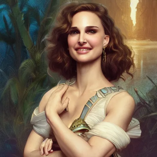 Prompt: natalie portman and kate mulgrew grinning, crab queen, intricate, elegant, highly detailed, digital painting, artstation, concept art, smooth, sharp focus, illustration, art by artgerm and greg rutkowski and alphonse mucha and william - adolphe bouguereau