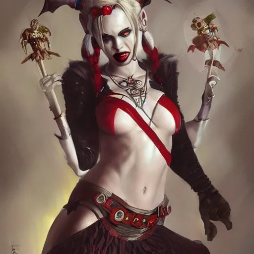 Image similar to portrait of harley quinn as a demon elf queen, forest, godlike, upper body, fantasy, intricate, elegant, highly detailed, digital painting, artstation, concept art, sharp focus, illustration, art by artgerm and greg rutkowski and alphonse mucha