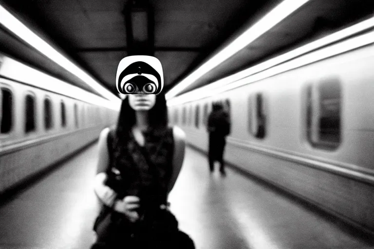 Image similar to girl in augmented reality headset in a subway, richard avedon, tri - x pan, ominous lighting