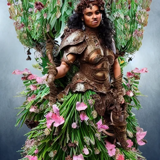 Prompt: a brown woman wearing an armor made of orchids. hyper detailed. very intricate.