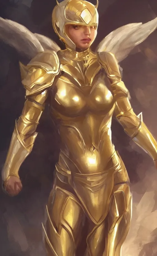 Image similar to Concept art, angel knight girl in golden and silver armor adorned with sapphire gems, artstation trending, cinematic, highly detailded