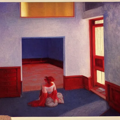 Image similar to an ivory golden demon in a blue and red haunted liminal abandoned room, film still by edward hopper, by gottfried helnwein, by klimt, art noveau, highly detailed, strong lights, liminal, eerie, bright pastel colors,