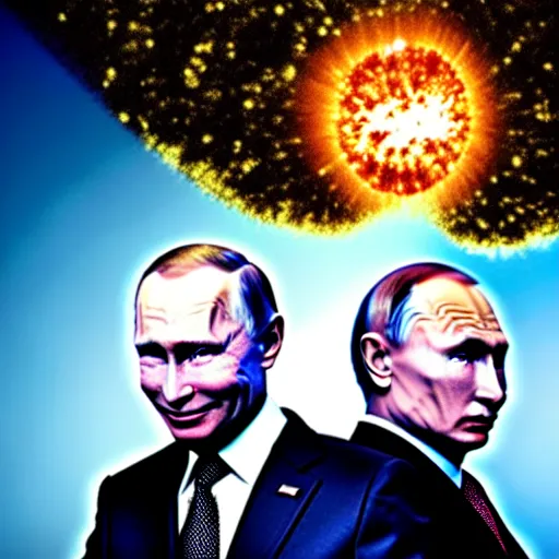 Image similar to uhd candid photo of cosmic joe biden and vladimir putin blowing up the entire solar system while high, glowing, global illumination, studio lighting, radiant light, hyperdetailed, correct faces, elaborate intricate details. photo by annie leibowitz