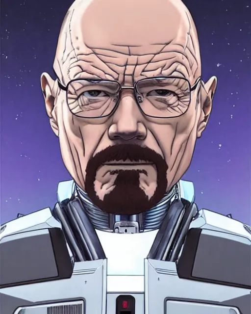 Image similar to portrait of walter white as a robot, cybernetic enhancements, art by makoto shinkai and alan bean, yukito kishiro