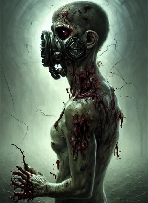 Image similar to portrait shot of zombie with gasmask in a scenic dystopian environment, intricate, elegant, highly detailed, centered, digital painting, artstation, concept art, smooth, sharp focus, illustration, artgerm, tomasz alen kopera, peter mohrbacher, donato giancola, joseph christian leyendecker, wlop, boris vallejo