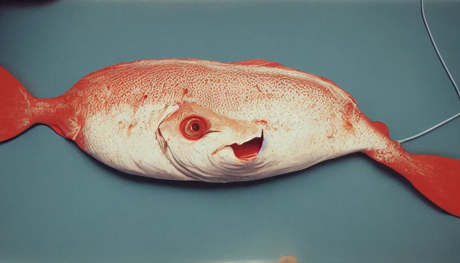 Image similar to 7 0 s movie still of one fish with human face in hospital, cinestill 8 0 0 t 3 5 mm technicolor, heavy grain, high quality, high detail