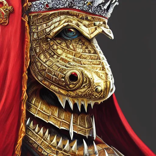 Prompt: detailed photorealistic painting of a crocodile wearing a highly detailed ornamented gold crown with diamonds, in a medieval knight armor with red cape , sharp focus in the style of ruan jia, Mandy jurgens, cinematic light, concept art, trending on artstation, ultra realistic