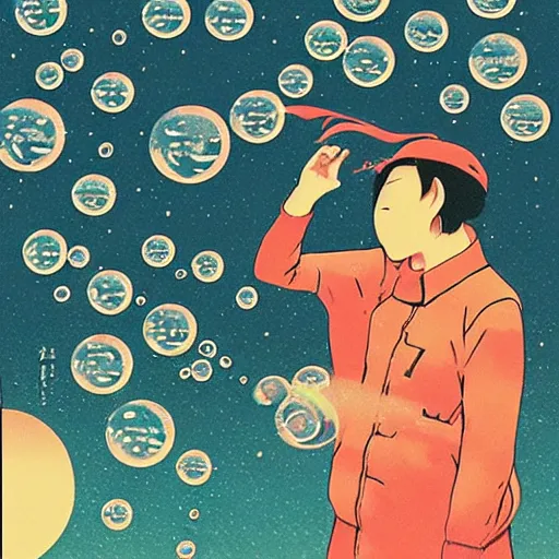 Prompt: explosive bubbles by sachin teng, by shin - hanga, by hasui kawase, dawn and dusk