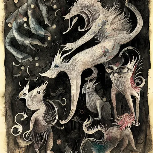 Image similar to strange mythical beasts of whimsy, surreal dark ink wash colllage by Ronny Khalil