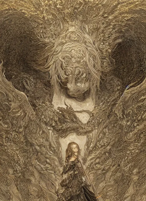 Image similar to highly detailed picture of great dragon, sketch, manga, edge of the universe, perfectly face, highly detailed, masterpiece, trending on artstation, golden ratio, cinematic romantic magical, perfect intricate highly detailed painting by gustave dore, by timothy von rueden, by mucha alphonse, digital art