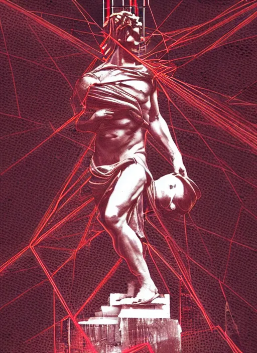 Image similar to dark design poster showing a statue of a greek god, black background with very subtle red and purple design elements, powerful, nekro, vito acconci, thin straight lines, dark, glitch art, neo vaporwave, gritty, layout frame, square, trending on artstation