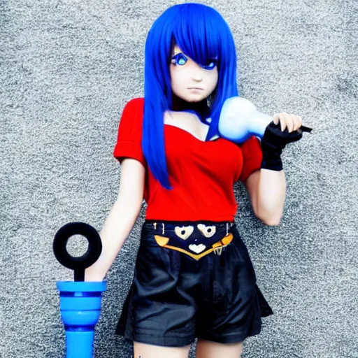 Prompt: an anime girl, holding a giant blue hammer with the logo of a black heart, and the anime girl has blue hair, white and black t - shirt, blue short - pants and she's barefoot without slippers and socks