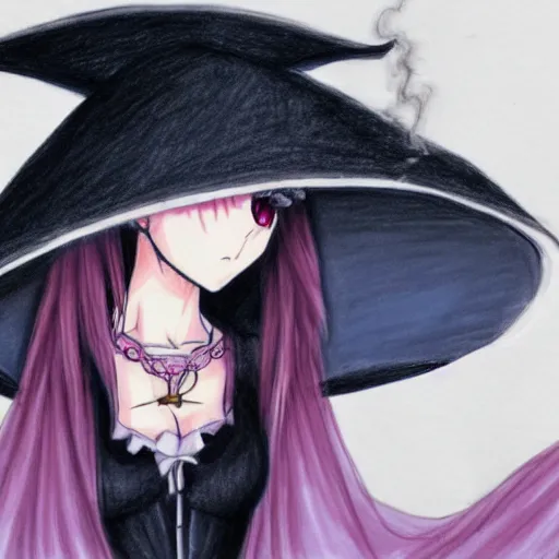 Image similar to a drawing of a pretty woman in a very large oversized witch hat, anime styled, high definition