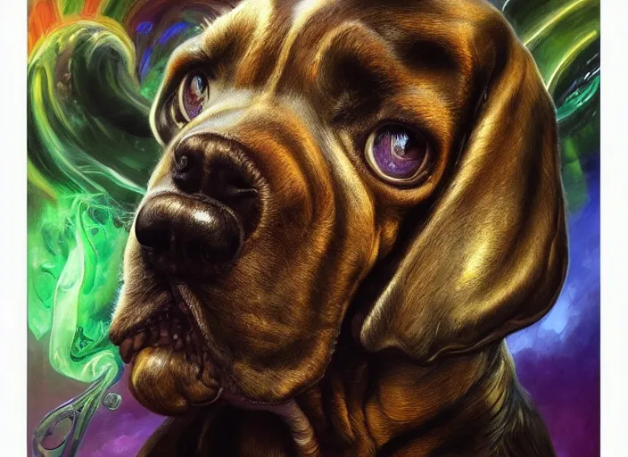 Prompt: basset hound with reptile eyes, rainbow chromatic skin. intricate, elegant, highly detailed, centered, digital painting, artstation, concept art, smooth, sharp focus, illustration, artgerm, tomasz alen kopera, peter mohrbacher, donato giancola, joseph christian leyendecker, wlop, frank frazetta