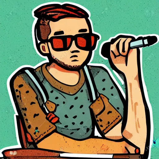 Image similar to an illustration that looks very similar to lo - fi hip hop guy in recording studio