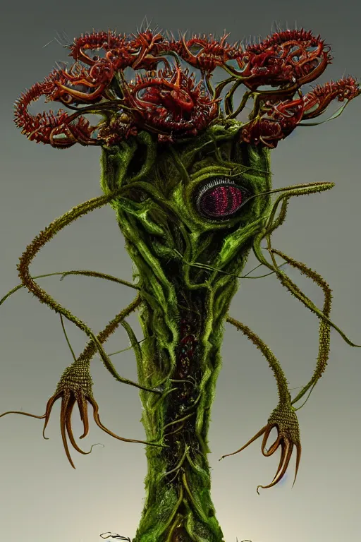 Image similar to portrait of a mutant carnivorous plant robot, intricate, Drosera capensis, dystopian, eyelashes as snap traps of Dionaea muscipula, extremely detailed, digital painting, sculpted in zbrush, artstation, concept art, smooth, sharp focus, illustration, chiaroscuro lighting, golden ratio, rule of thirds, fibonacci, incredible art by Stanley Artgerm Lau and Greg Rutkowski, composition by mike mignola and Simon Stalenhag,