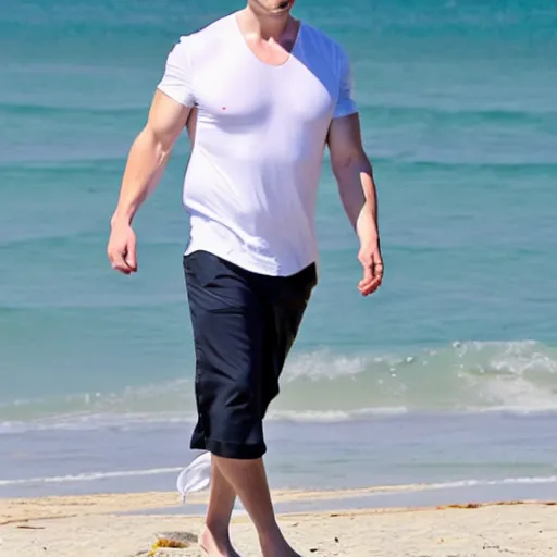 Prompt: elon musk smiling walking at the beach chilling in aruba