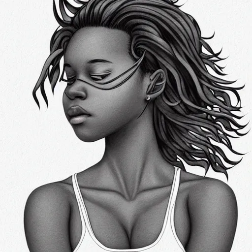 Prompt: artwork of misty williams, by range murata, face, eyes, skin, hair, shoulders, tank top, intricate, beautiful, serene, majestic, detailed, ultra, mega, super, visable sound waves, trending on pinterest, vsco, instagram