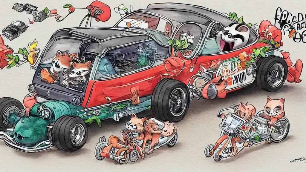 Prompt: cute and funny, racoon riding in a tiny hot rod coupe, ratfink style by ed roth, centered award winning watercolor pen illustration, isometric illustration by chihiro iwasaki, edited by range murata