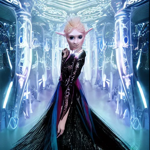 Prompt: A still of an ethereal, mysterious stunning maximalist mesmerizing elven girl from the rainbow sky paradise in Tron: Legacy (2010), high-tech, elegant, imposing, Victorian gothic lolita fashion, by Mark Ryden, artgerm, Hiroyuki-Mitsume Takahashi, WLOP, Goto Fujita, 奈良美智, Pixiv 3DCG, DAZ Studio, highly detailed, photorealistic, 8k resolution 3D, cinematic, dynamic lighting, octane render