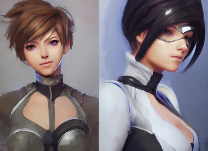 Prompt: a highly detailed beautiful portrait of tracer from overwatch as 2 b nier automata, by gregory manchess, james gurney, james jean