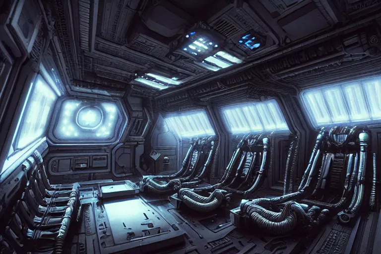 Prompt: Nostromo spaceship interior from Alien by HR Giger, highly detailed intricate interior design, sharp focus, smooth, 4k, octane render, darkened ambient lighting, digital painting, artstation