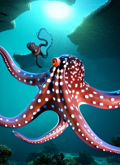 Prompt: realistic detailed image of a white-spotted octopus pointing to three dudes snorkeling at night, cinematic, hyper realism, high detail, octane render, unreal engine, 8k, extremely detailed, 8k.