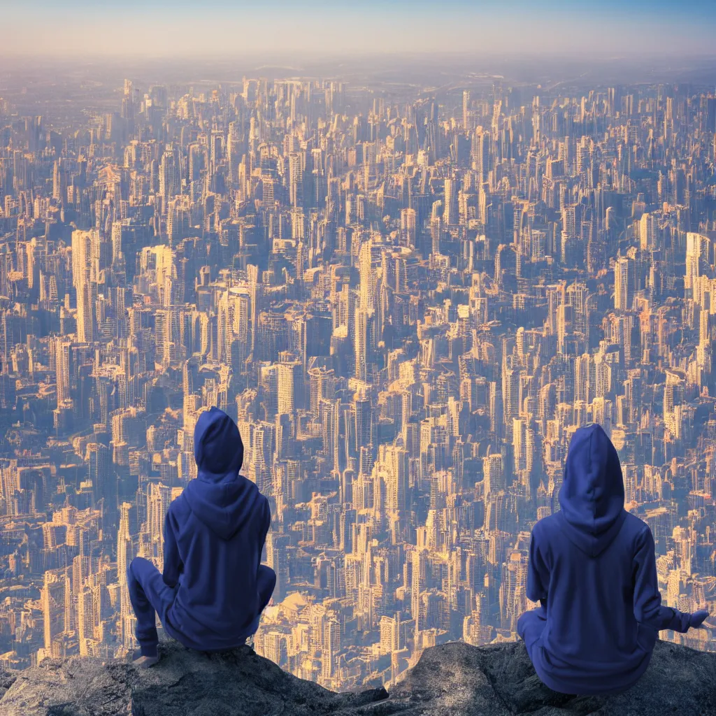 Image similar to meditating person with hoodie on sitting on top of a mountain overlooking a giant futuristic city by sundawn, high resolution photo, detailed