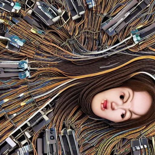 Image similar to tapping in to something greater, piles of modular synth cables, goddess laying down wearing a headpiece made of circuit boards, by cameron gray, wlop, stanley kubrick, masamune, hideki anno, unique perspective, trending on artstation, 3 d render, vivid