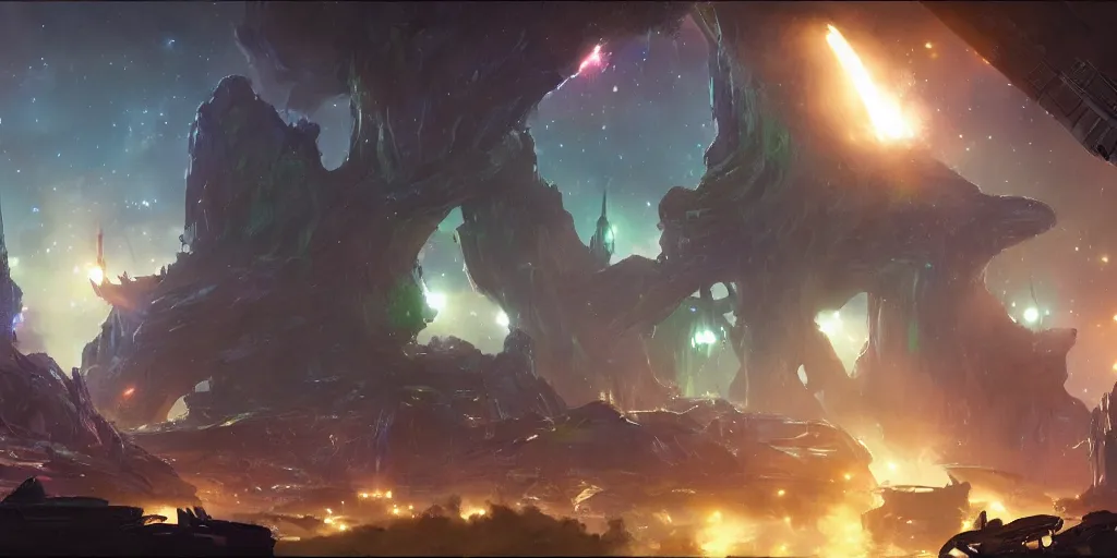 Image similar to an environmental concept art of guardians of the galaxy, environmental light, cinematic by francis tneh