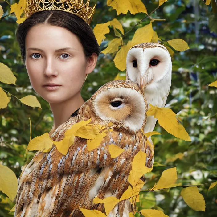 Image similar to portrait photograph of an extremely beautiful!!!! young female , symmetric face!, symmetric round detailed eyes!!, slight smile, natural light, wearing a yellow kimono!! with a very detailed barn owl! on her shoulder in a tropical greenhouse. looking at the camera!!. golden crown made of golden leaves. super resolution. Extremely detailed. Graflex camera!, bokeh!!!!! trending on artstation.