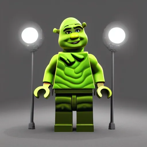 Prompt: Shrek as a lego figure, studio lighting, blender, octane render, detalied, high quality, trending on artstation, 8k,