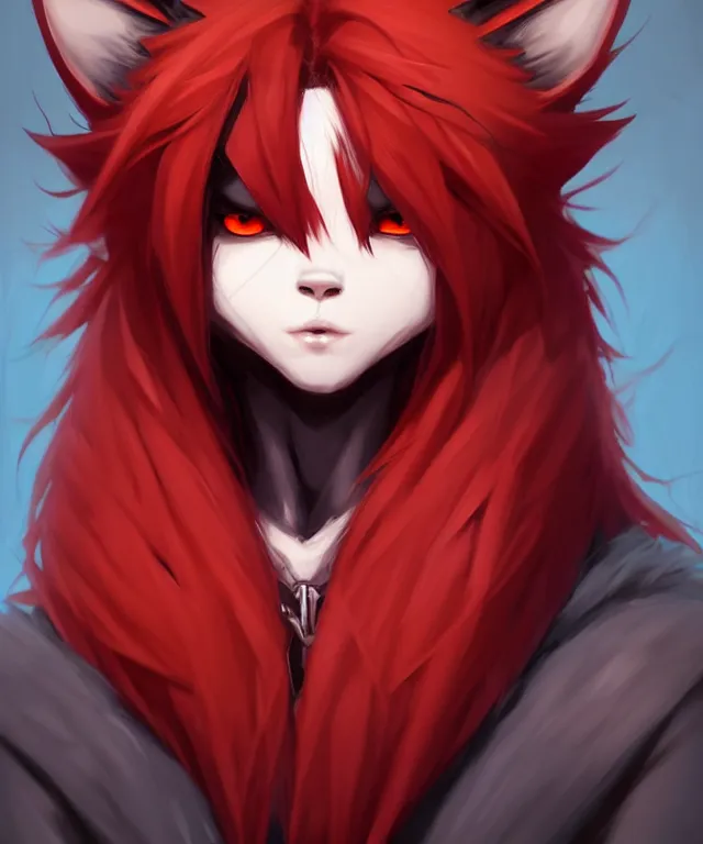 Image similar to character concept art of a black anthropomorphic male furry wolf long red hair | | cute - fine - face, pretty face, key visual, realistic shaded perfect face, fine details by stanley artgerm lau, wlop, rossdraws, james jean, andrei riabovitchev, marc simonetti, and sakimichan, trending on artstation