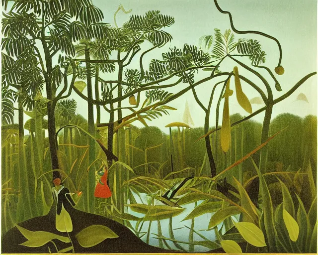 Prompt: snake oil researcher traversing the swamps of Formosa, painting by Henri Rousseau