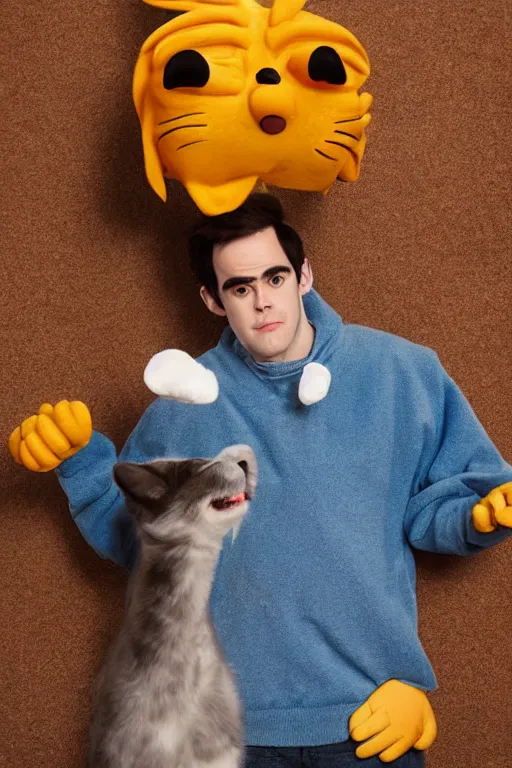 Prompt: portrait of Jacksfilms dressed in Garfield costume, starring in live-action adaptation of the comics, cosplay photograph, shallow depth of field