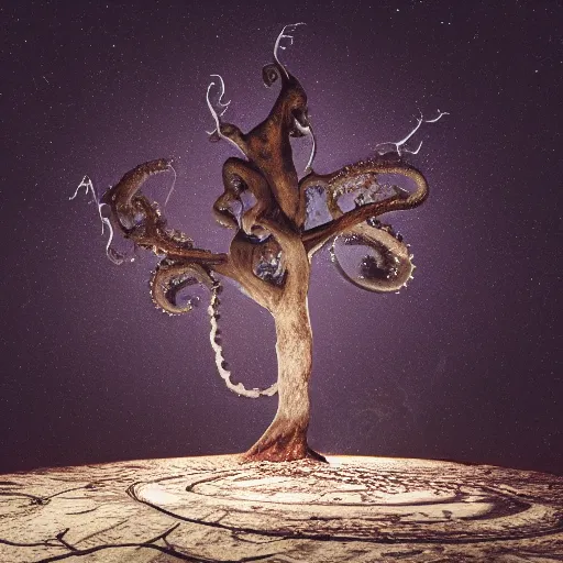 Prompt: a big old dead tree that looks an octopus in front of the moon with a clear detailed shadow on the ground. octane render, cinematic photo, amazing light.
