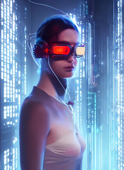 Image similar to portrait of a woman in wires and cyberpunk goggles on her head in a server room in color smoke, symmetrical, art by maciej kuciara, trending on artstation, futurism, dystopian art, 8 k