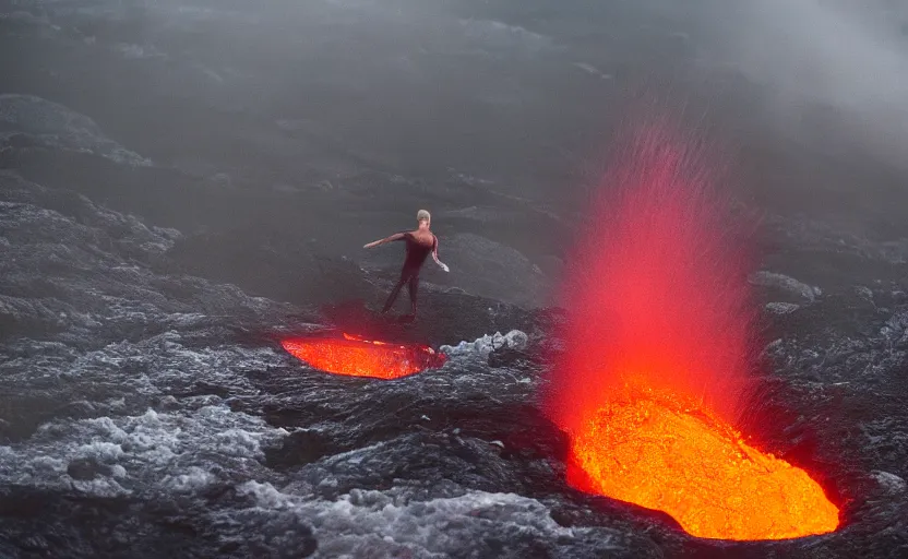 Prompt: surfing down a river of lava on the side of a volcano, action shot, dystopian, motion blur, sharp focus, imax