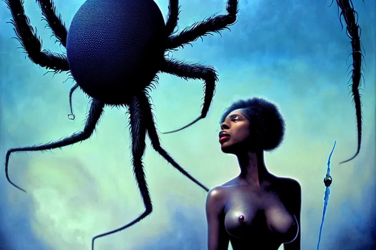 Prompt: realistic detailed photorealistic film portrait shot of a beautiful black woman with a giant spider, sci-fi landscape background by Denis Villeneuve, Amano, Yves Tanguy, Alphonse Mucha, Ernst Haeckel, Andrei Tarkovsky, Edward Robert Hughes, Roger Dean, rich moody colours, wide angle, blue eyes