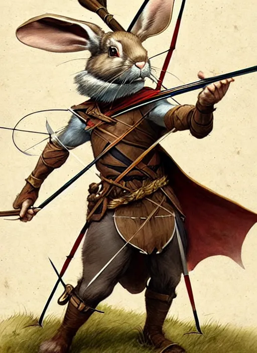 Image similar to a heroic rabbit archer with bow and arrow on a parchment background, redwall, greg rutowski and jean baptiste monge, detailed, epic fantasy concept art