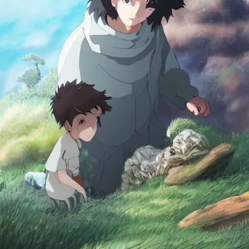 Prompt: young boy and ghibli creature , with Fragile looking character portrait face made by Studio Ghibli highly detailed art, beautiful scene, sharp focus, smooth,fantasy, 8k, anime art