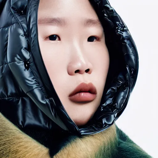 Image similar to realistic photoshooting for a new balenciaga lookbook, color film photography, portrait of a blonde asian woman, model wearing a puffer jacket, photo in style of tyler mitchell, 3 5 mm,