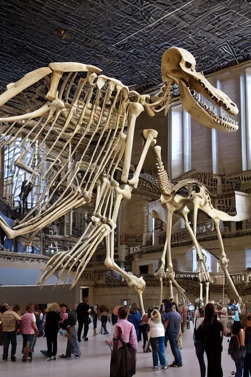 Image similar to complete skeleton of a dinosaur surrounded by museum visitors. museum photograph.